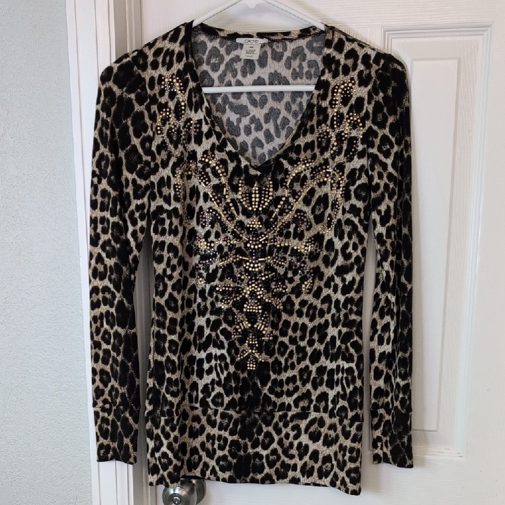 Cache Leopard Patterned Long Sleeve Vintage Top - image 1